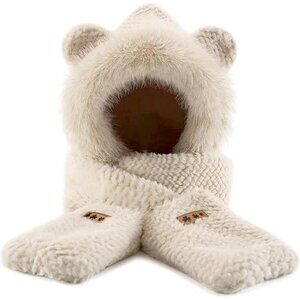 Women's Beige Hooded Scarf Cute Bear Ear Hat Faux Fur Gloves Set Soft